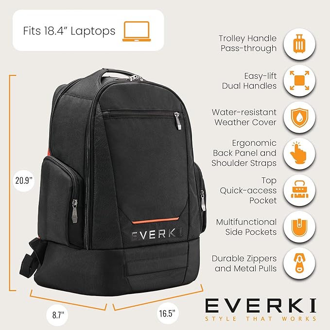 EVERKI ContemPRO 117 Laptop Backpack Fits up to 18.4” – Gaming, 42L Large Travel Backpack with Water-Resistant Rain Cover for Women & Men – Spacious Business Laptop Bag – Black (EKP117B)
