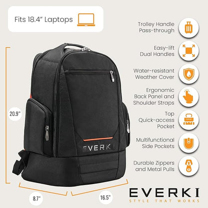 EVERKI ContemPRO 117 Laptop Backpack Fits up to 18.4” – Gaming, 42L Large Travel Backpack with Water-Resistant Rain Cover for Women & Men – Spacious Business Laptop Bag – Black (EKP117B)