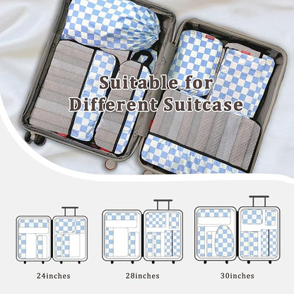 U+U 10 Set Compression Packing Cubes - Ultralight Travel Organizers with Laundry Bag and Cosmetic Bag, Space-Saving Suitcase Organizer for Travel, Business Trip and Family Vacation (Blue Checkered)