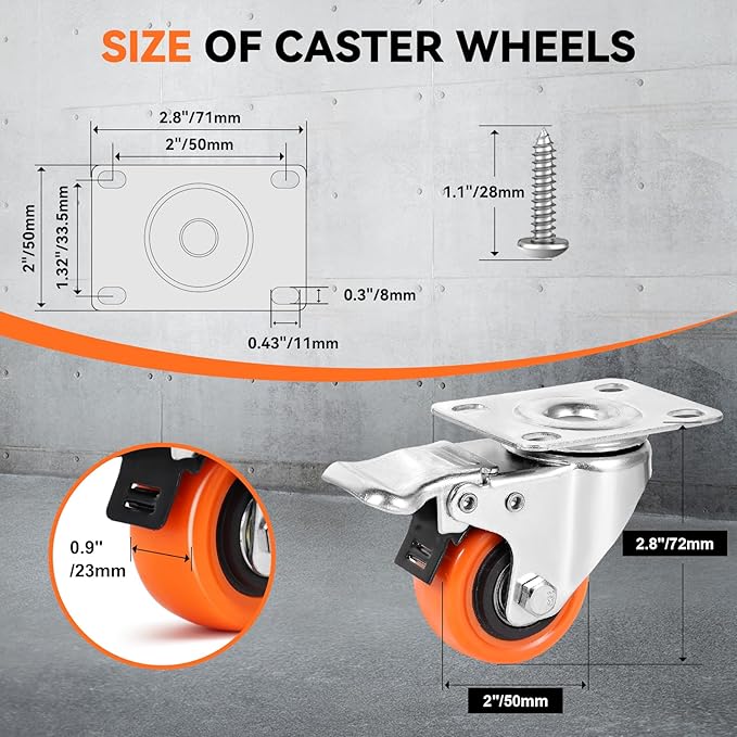 W B D WEIBIDA 2" Plate Caster Wheels Set of 16, Heavy Duty Casters with Brake, Safety Dual Locking, Industrial Swivel Top Plate Casters Wheels for Furniture, Carts (Screws and Screwdriver)
