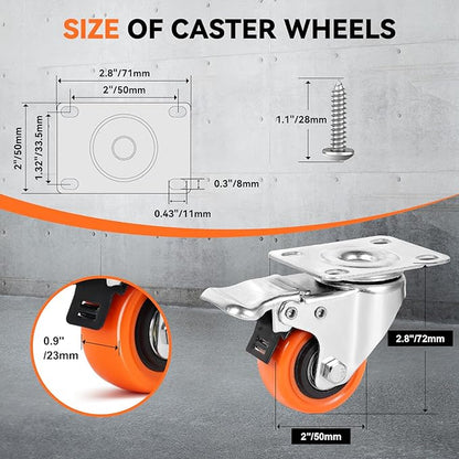 W B D WEIBIDA 2" Plate Caster Wheels Set of 16, Heavy Duty Casters with Brake, Safety Dual Locking, Industrial Swivel Top Plate Casters Wheels for Furniture, Carts (Screws and Screwdriver)