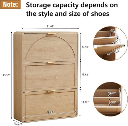 Hidden Shoe Cabinet with Drawer, Free Standing Narrow Shoe Rack Cabinet for Entryway Slim, 3 Flip Drawer Shoe Storage Organizer Cabinet for Entry,Hallway,Door,Dorm,Small Spaces - Natural