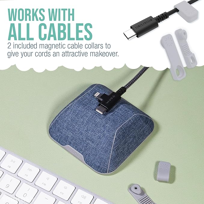 Smartish® Magnetic Cord Holder - Cable Wrangler Organizer Stocking Stuffer with Magnet Clips for Charger Management on Desktop, Nightstand for USB-C + Lightning - Blue Jeanie