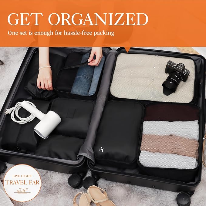 HOTOR Packing Cubes for Suitcases - 8 Pieces, Light Packing Cubes for Travel, Premium Suitcase Organizer Bags Set, Space-Saving Luggage Organizers, Travel Accessories and Essentials, Black