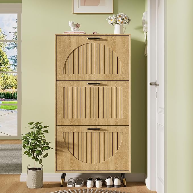 Rattan Shoe Cabinet with 3 Flip Drawers, Large Narrow Shoe Storage Organizer for Entryway, Rustic Oak Shoe Rack with Metal Legs, Black Handles, Slim Freestanding Flip Drawer Shoe Cabinet (Oak Rattan)