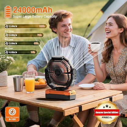 FRIZCOL 3-in-1 Camping Fan - Portable Fans Rechargeable - 24000mAh Battery Powered Fan(105Hrs) with Light & Remote for Indoor, Outdoor, Tent, Travel, Fishing, Jobsite, Gifts for Men Dad Him - Orange