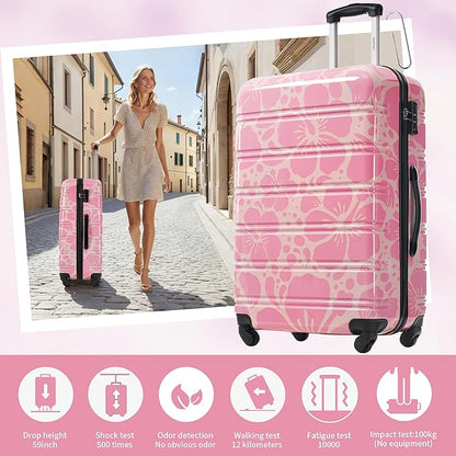 Merax Luggage Sets 3 Piece, Hardside Suitcase Set with Spinner Wheels, Lightweight Printing Luggage Carry on,20+24+28 IN,Pink