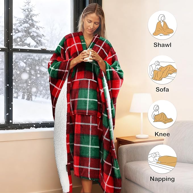 Catalonia Sherpa Wearable Blanket Poncho for Adult Women Men, Wrap Blanket Cape with Pocket, Warm, Soft, Cozy, Snuggly, Comfort Gift, No Sleeves, Plaid Buffalo Christmas