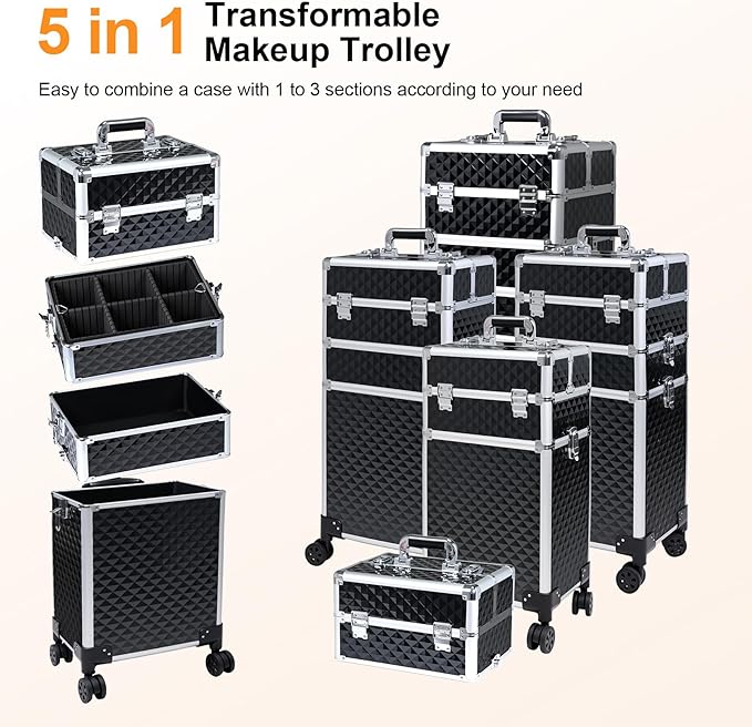 Professional Rolling Makeup Case, Cosmetology Case on Wheels 4 in 1 Large Cosmetic Train Case, Ideal Gift for Hairstylist, Nail Techs, Portable Beauty Organizer for Travel or Salon Use