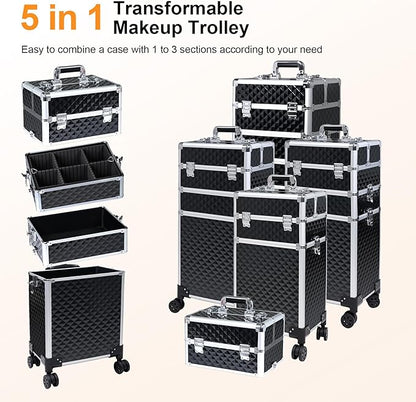 Professional Rolling Makeup Case, Cosmetology Case on Wheels 4 in 1 Large Cosmetic Train Case, Ideal Gift for Hairstylist, Nail Techs, Portable Beauty Organizer for Travel or Salon Use
