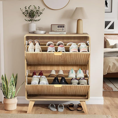 RARZOE Fluted Shoe Storage Cabinet with 2 Flip Drawers, Narrow Curved Shoe Cabinet for Entryway, Freestanding Wood Hidden Shoe Organizer Closed Shoe Rack Cabinet for Foyer,Hallway (27.5''Natural)