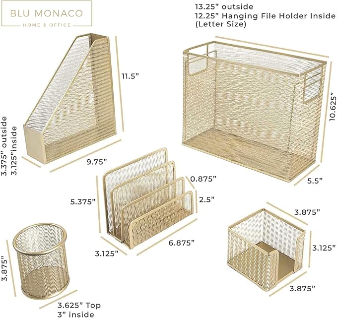 BLU MONACO Gold Desk Accessories Set – 5-Piece Office Organizer with Hanging File Holder, File Organizer & Boho Desk Décor for Women