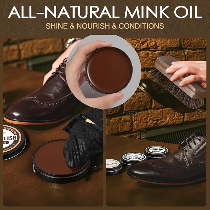 13Pcs Shoe Polish Kit, Shoe Shine Kit for Men & Women with Horsehair Shoe Polish Brush, Black Brown Neutral Mink Oil for Leather Boots Shoe Care Kit as Christmas Gift for Men with Care Cloth