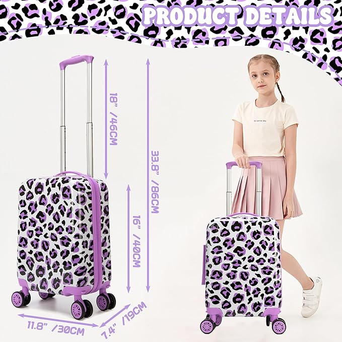 Kid's Luggage Set 2 Piece Suitcase Set Hardside Luggage with Spinner Wheels Girls Carry on Toddler Travel Rolling Suitcase with Neck Pillow Airline Approved