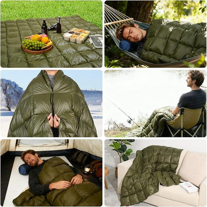 Down Camping Blanket - Lightweight, Packable, Warm & Puffy Outdoor Travel Quilt for Sleep, Hiking, Backpacking, Stadium, Festivals, Water-Resistant Sleeping Bag 55"x79"