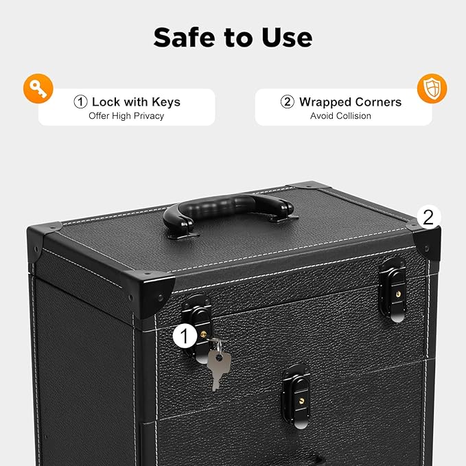 Rolling Makeup Case w/ 4 Keys, 3-tier Lockable Makeup Train Case w/ Drawers, Detachable Nail Polish Organizer, Travel Cosmetic Case w/ 3-gear Telescopic Rod, 13.98*9.06*22.64in, Black Latch+Black