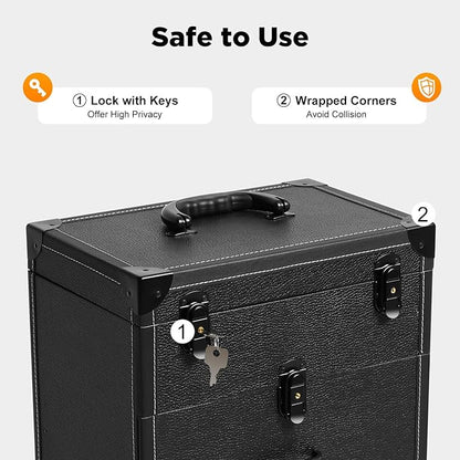 Rolling Makeup Case w/ 4 Keys, 3-tier Lockable Makeup Train Case w/ Drawers, Detachable Nail Polish Organizer, Travel Cosmetic Case w/ 3-gear Telescopic Rod, 13.98*9.06*22.64in, Black Latch+Black