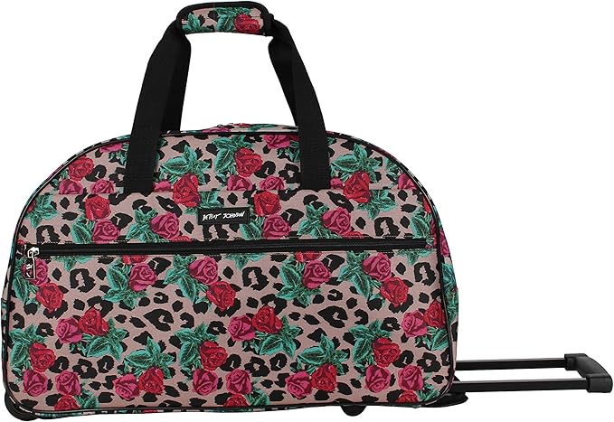 Betsey Johnson Designer Carry On Luggage Collection - Lightweight Pattern 22 Inch Duffel Bag- Weekender Overnight Business Travel Suitcase with 2- Rolling Wheels (One Size, Leopard Rose)