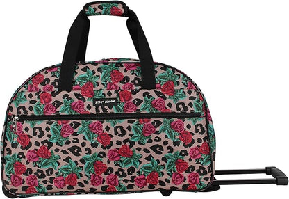 Betsey Johnson Designer Carry On Luggage Collection - Lightweight Pattern 22 Inch Duffel Bag- Weekender Overnight Business Travel Suitcase with 2- Rolling Wheels (One Size, Leopard Rose)