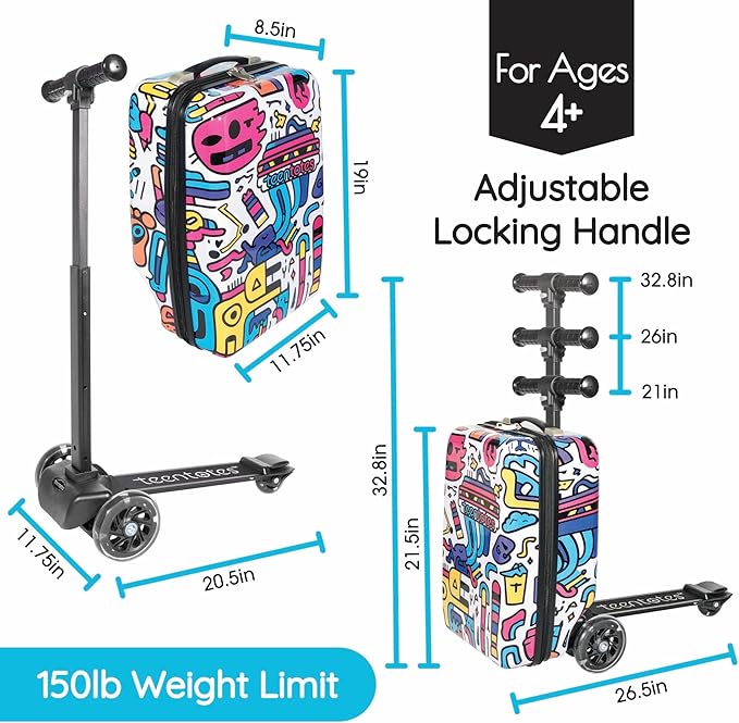 Teen Totes Detachable 4-in-1 Scooter Luggage for Kids – Ride-On Suitcase with Removable Luggage Body, Adjustable Handlebar, Durable Deck & Brake, Carry-On Size – Travel & Play