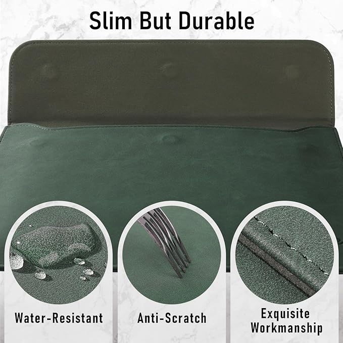 Allinside 13 Inch Laptop Sleeve Case for MacBook Air 13 2018-2025/MacBook Pro 13 2016-2022/Macbook Pro 14 2021-2024, Waterproof Matte PU Leather Horizontal Envelope Protective Case Cover, Dark Green