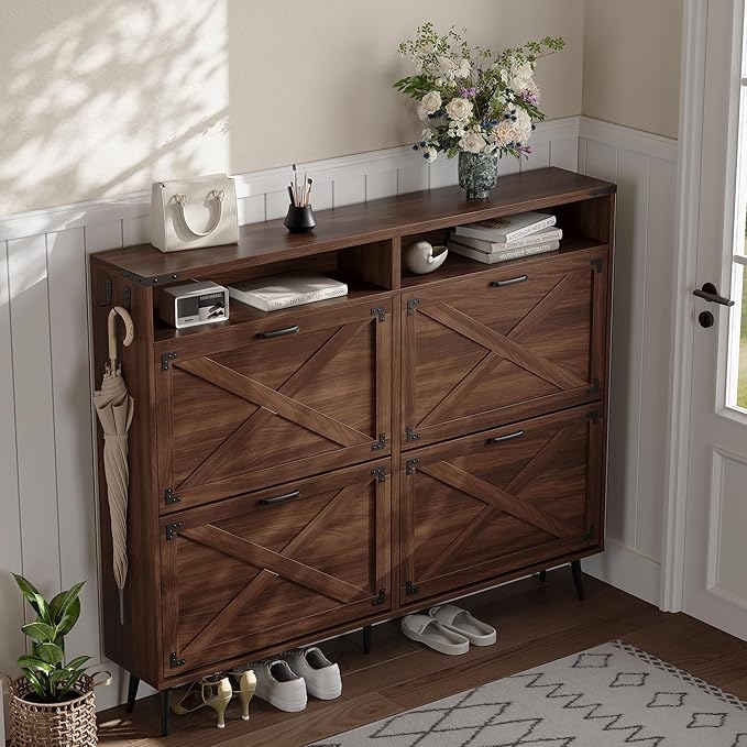 Shoe Storage Cabinet with 4 Flip Drawers Narrow Shoe Rack Cabinet Farmhouse Design Freestanding Shoe Organizer with Open Storage for Entryway,Hallway,Foyer,Walnut