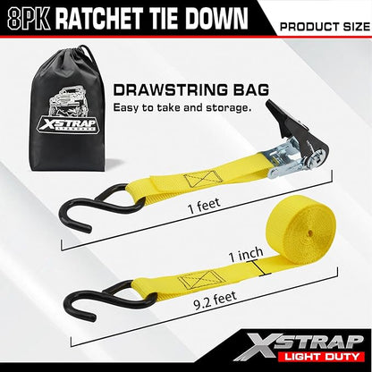 XSTRAP STANDARD Ratchet Tie Down Straps - 8PK - 1'' x 10 ft - 900 LB Break Strength Cargo Straps for Moving Appliances, Lawn Equipment, Motorcycle Yellow