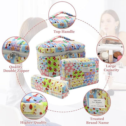 3pc Makeup Bag Set, Quilted Makeup Bag Set, Large Floral Cosmetic Bag for Women, Cute Cotton Makeup Bags, Flower Travel Toiletry Organizer Bag (Cartoon Park Print)