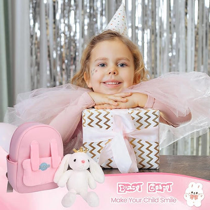 Small Rabbit Toddler Backpacks with Soft Bunny Dolls & Leash Preschool Backpack with Stuffed Animals for School Travel, 2 3 4 5 6 Year Old