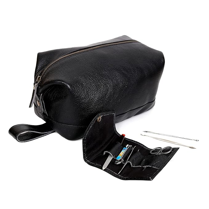 cuero Leather Brown Dopp Kit Unisex Travel Toiletry Cosmetic Pouch Shaving Kit Men Women (black)