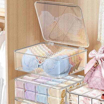 DILIBRA 2pcs Socks Bra Underwear Organizer for Closet, 16 Compartment Removable Divided Plastic Sock Storage Box with Lid, Clear Dresser Drawer Organizer Storage Container for Bra Socks Ties Scarf
