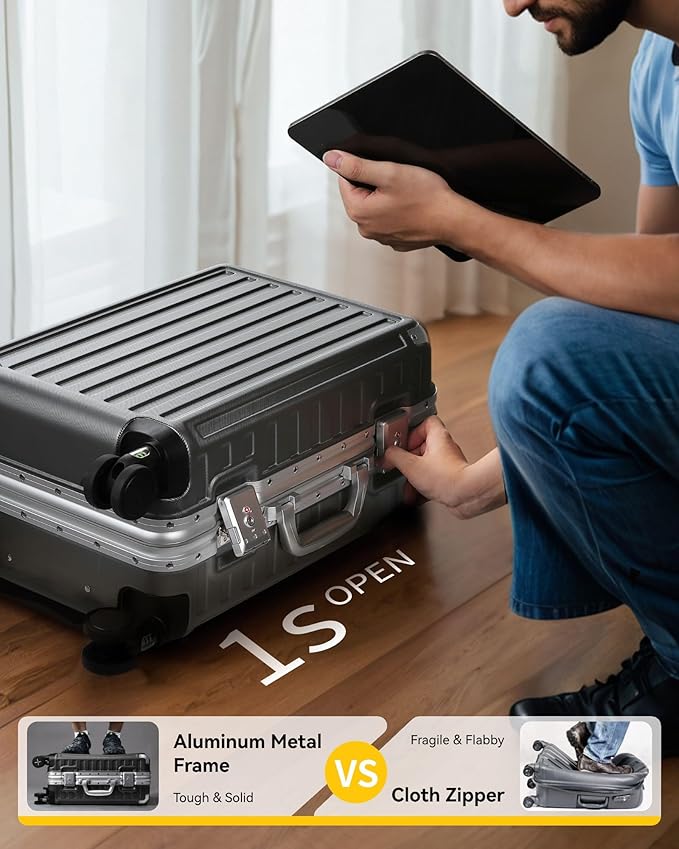 LUGGEX Checked Suitcase with Spinner Wheels, 8010S Aluminum Frame Zipperless Polycarbonate Hard Shell Suitcase (ZX-Core, Charcoal Metallic, 28 Inch)