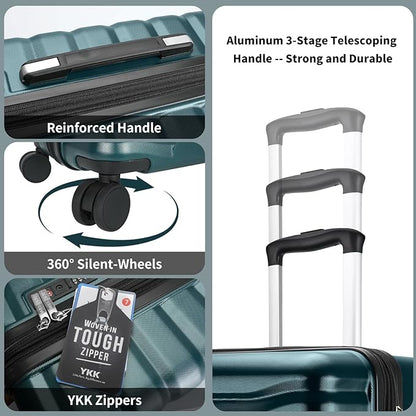 Lightweight Luggage with Spinner Wheels & YKK Zipper, 3-Piece Suitcase ABS+PC Hardside Hard Shell Luggage Set with TSA Lock, Teal Blue (20+24+28 inch)