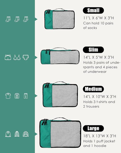 4-Piece Packing Cubes Travel Accessories Set for Suitcases - Luggage Organizer Bags with Double Zipper - Mesh Top - Small/Medium/Large/Slim - Green