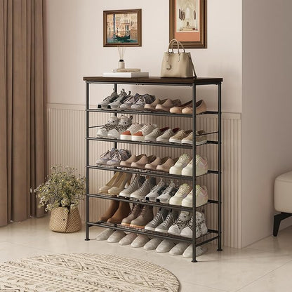 SUOERNUO Shoe Rack Organizer 6 Tier for Closet Entryway Free Standing Metal Storage Shoe Shelf with MDF Top Board，Black