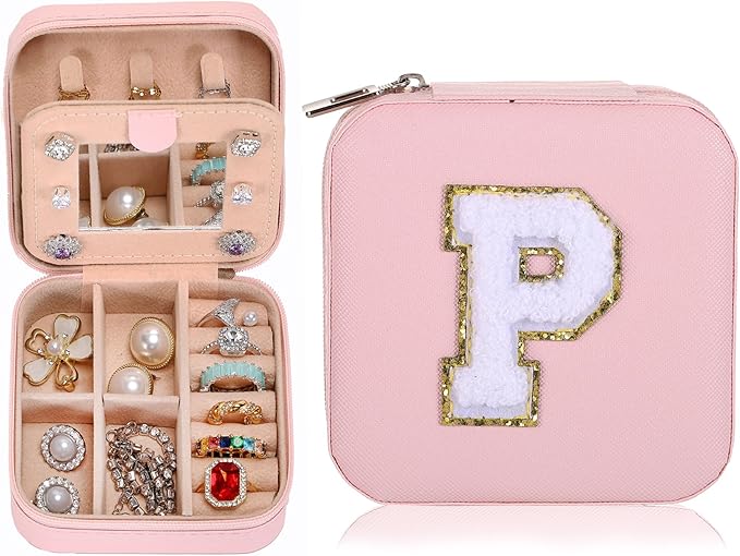 Mini Jewelry Box Travel Jewelry Case Jewelry Holder Organizer,Travel Essentials Box Jewelry Organizer,Personalized Birthday Gifts for Teen Girls Women Initial P