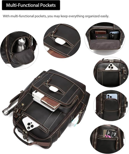 LANNSYNE Vintage Genuine Leather Backpack for men, 15.6" Laptop Backpack Travel Camping 24L Rucksack