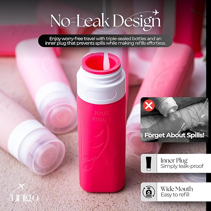 unigo Travel Bottles For Toiletries, 5-pack 3.oz TSA Aprroved Travel Size Bottles, Containers For Toiletries, BPA Free, Leak Prrof, Refillable Containers Bottles (Pink)