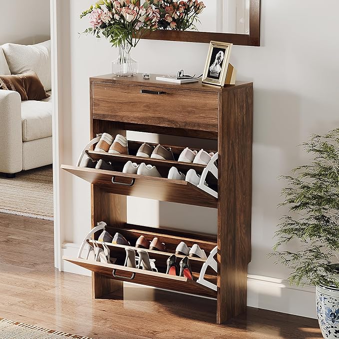 VINGLI Shoe Cabinet Storage for Entryway Ultra Slim with 2 Flip &1Drop-Down Drawers, 24.8" W Narrow Shoe Cabinet for Front Door Entrance,Freestanding Walnut Wood Shoes Organizer for Hallway