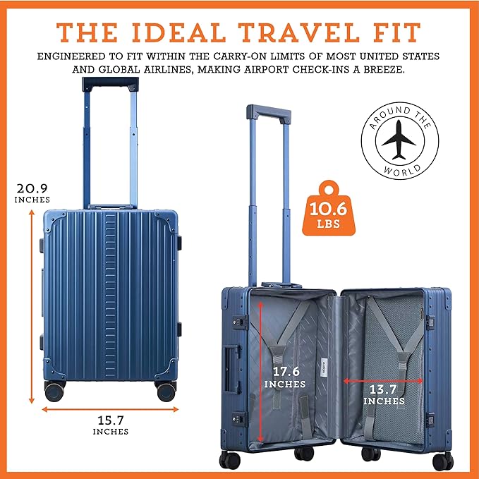 Aleon All Aluminum Lightweight Carry-On Luggage - Hardside Carry-On Suitcase, TSA Approved, Hard Shell Suitcase for Travel, Airline Approved 21 Inch Hard Spinner Wheels Luggage (Sapphire)