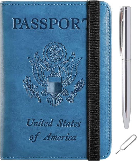 Passport Holder Cover Wallet Travel Essentials RFID Blocking Leather Card Case International Must Haves Travel Accessories for Women Men(113#Blue)