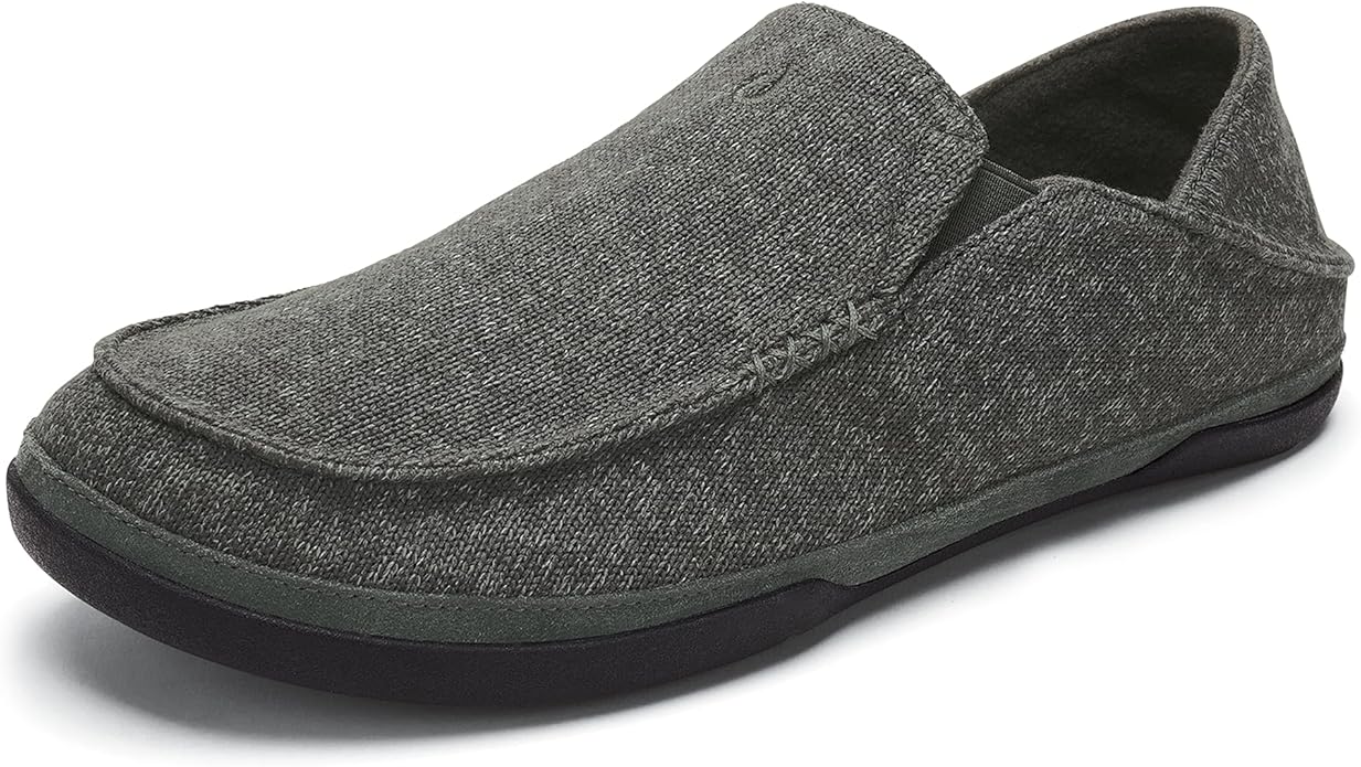 OLUKAI Moloa Hulu Men's Wool-Blend Slippers, Soft & Heathered Knit Slip On Shoes, Suede Leather Foxing, Drop-In Heel Design