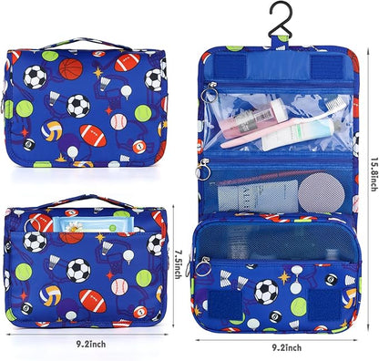Kids Hanging Toiletry Bag for Boys, Travel Toiletry Bag for Little Young Boys Waterproof Wash Bag Toddler Traveling Toiletries, Soccer Balls Blue