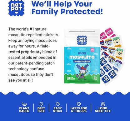 NATPAT Buzz Patch Mosquito Patch Stickers for Kids - Plant Based Ingredients, Non-Toxic - The Original All Natural Citronella Essential Oil Insect Patch, DEET Free, for Toddlers, Kids (60 Pack)
