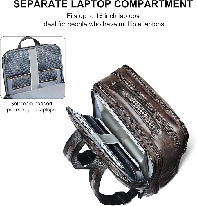 Shrrie Vegan Leather Laptop Backpack for Women&Men,16 Inch Expandable Backpack with USB Charging Port,Two-toned Coffee