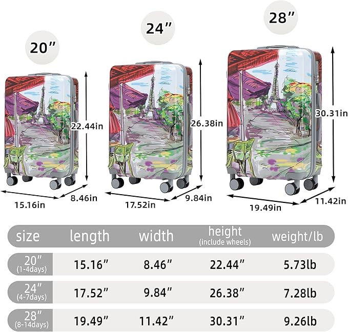Campfun Luggage Sets 3 Piece, Hardside PC Suitcase Sets with Double Spinner Wheels, Durable Printed Pattern Carry On Luggage with TSA Lock, 20/24/28 inch(Iron Tower)