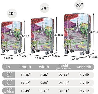 Campfun Luggage Sets 3 Piece, Hardside PC Suitcase Sets with Double Spinner Wheels, Durable Printed Pattern Carry On Luggage with TSA Lock, 20/24/28 inch(Iron Tower)