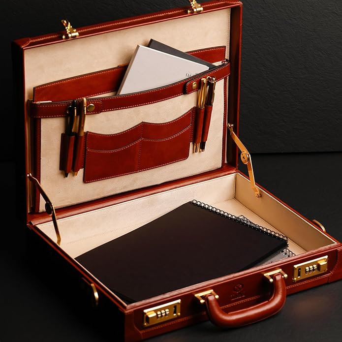 Time Resistance Leather Attache Case - Full Grain Italian Leather Briefcase - Laptop Bag up to 15” - Hard Case with Lock