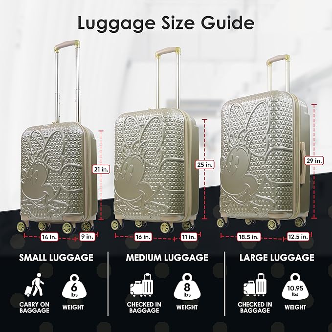 FUL Disney Minnie Mouse 22 Inch Carry On Luggage, Textured Hardshell Rolling Suitcase with Spinner Wheels, Gold