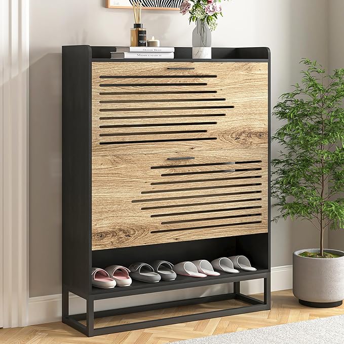 Spaco Shoe Cabinet for Entryway,Narrow Shoe Storage Cabinet with 2 Flip Drawers,Slim Hidden Shoe Rack Organizer with Metal Leg for Hallway